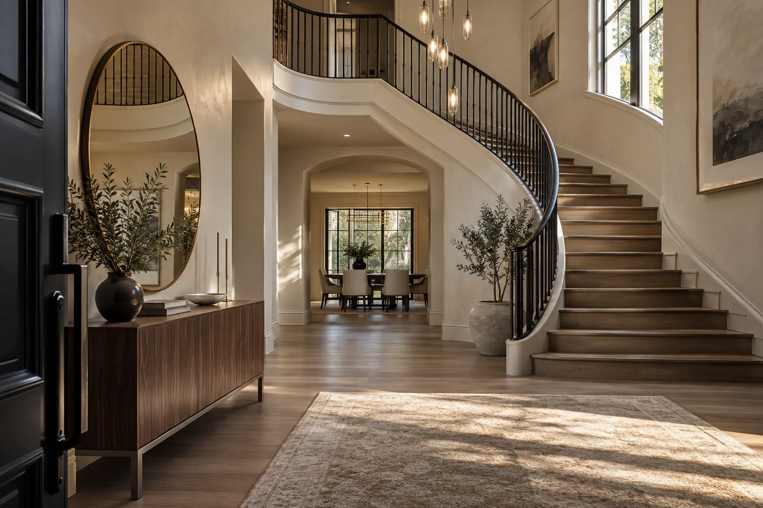 Illustrative elegant entrance foyer with a curved oak staircase